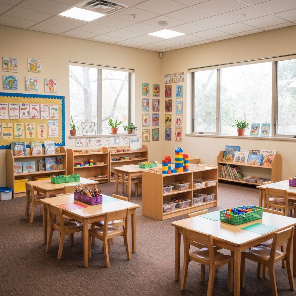 Cosy early learning classroom at Mary Ranken Child Care Centre with wooden furniture, books, and art supplies