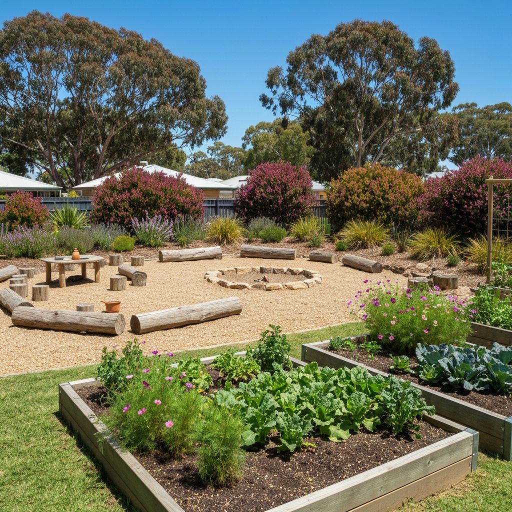 Outdoor garden play area with mud kitchen, raised garden beds, and natural play materials at Mary Ranken Child Care Centre